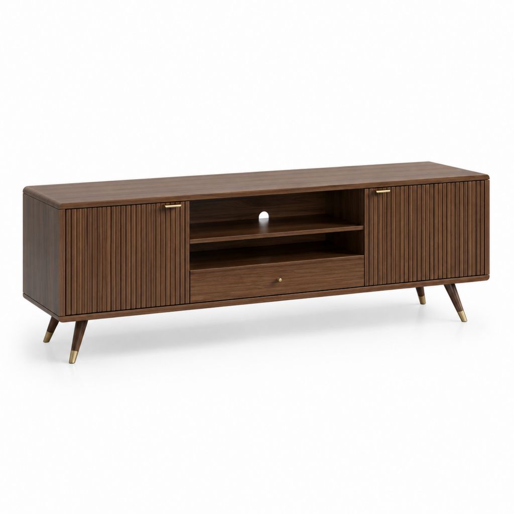 Mobile porte TV rectangulaire en bois, brun noyer et doré, avec 2 portes rainurées, 1 tiroir et 2 compartiments ouverts, 180 × 40 × 58 cm