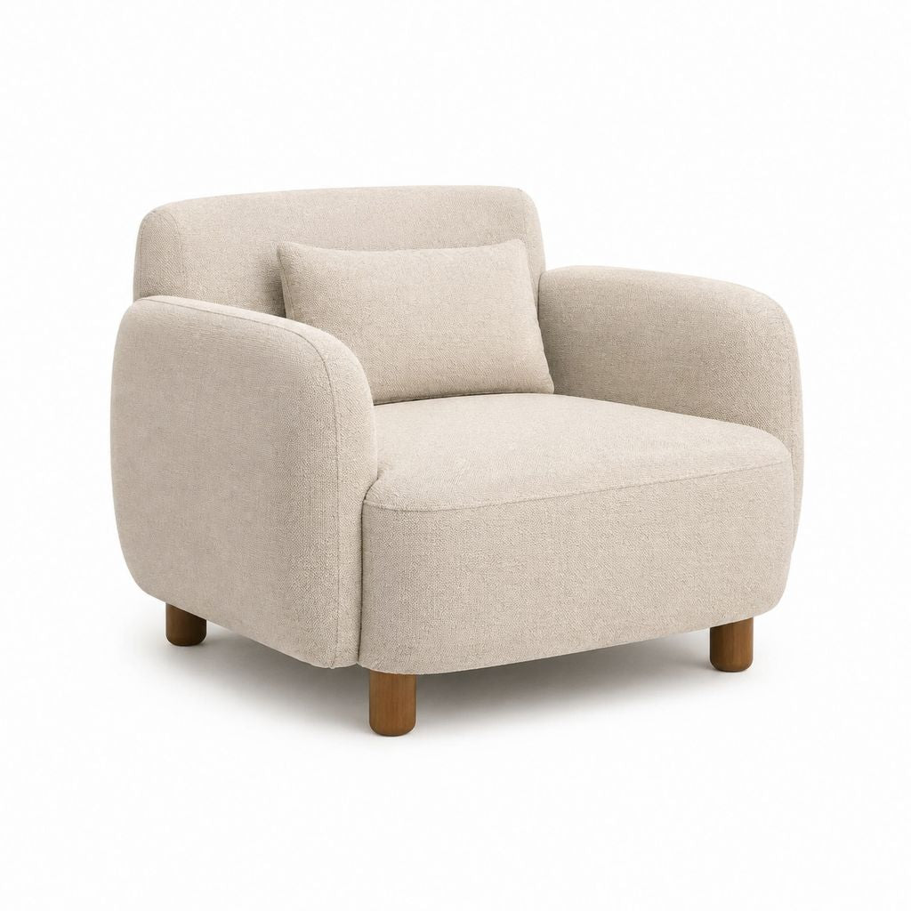 Fauteuil rembourré en tissu bouclé beige avec formes arrondies et pieds en bois, 91 × 89 × 80 cm