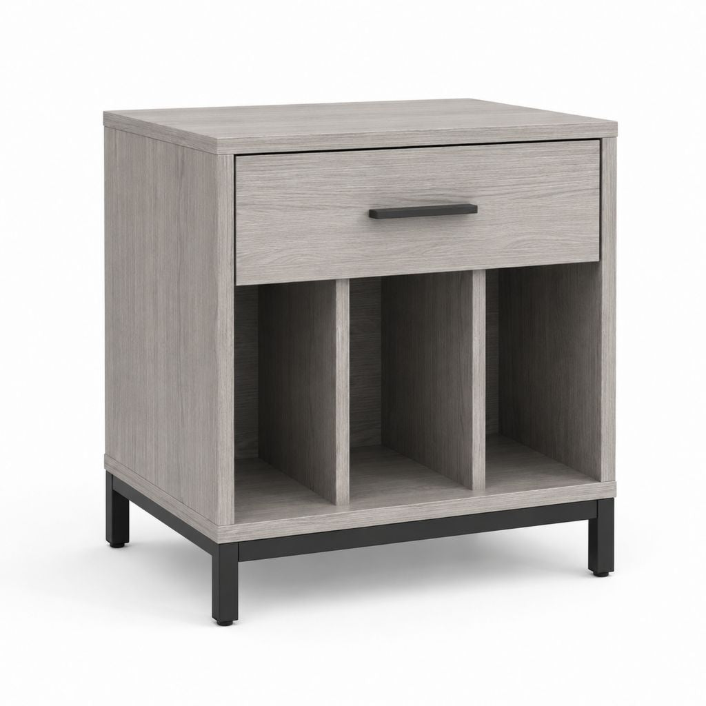Table de nuit rectangulaire en bois et métal avec tiroir et 3 compartiments, gris chêne et noir, 50 × 40 × 60 cm