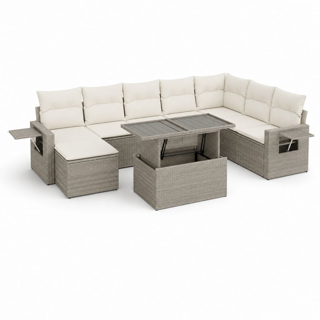 Ensemble de canapé de jardin en U à 8 places en résine tressée PE et acier avec table de rangement, gris et crème, 302 × 218 × 75 cm