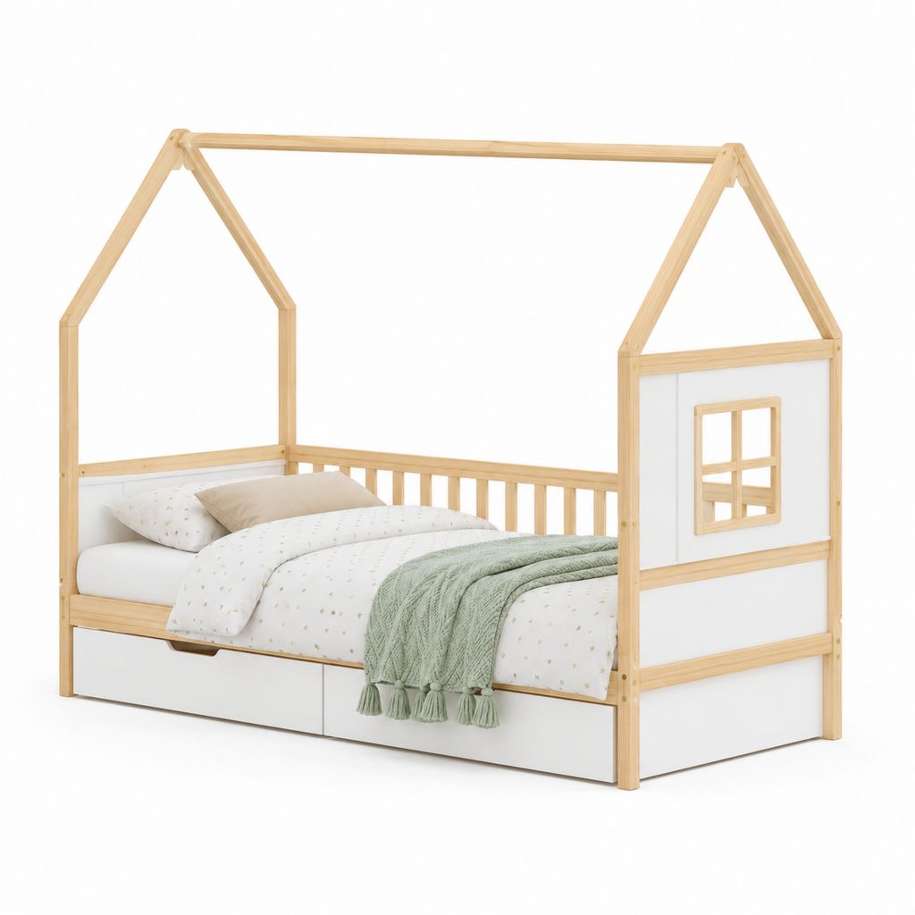 Lit à cabane pour enfants en bois et MDF naturel/blanc 90 × 200 cm avec 2 tiroirs