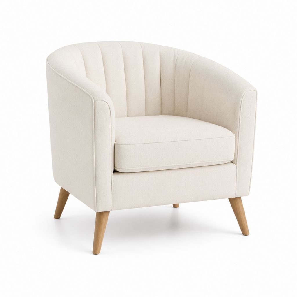 Fauteuil rembourré ivoire avec dossier incurvé, revêtement en tissu et jambes en bois, 75 × 72 × 76 cm
