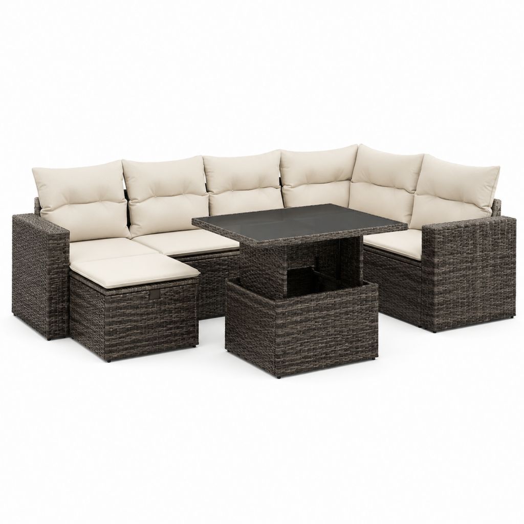 Ensemble de jardin angulaire à 8 places en résine tressée PE marron avec coussins beige, table élévable et 2 poufs, 230 × 230 × 74 cm