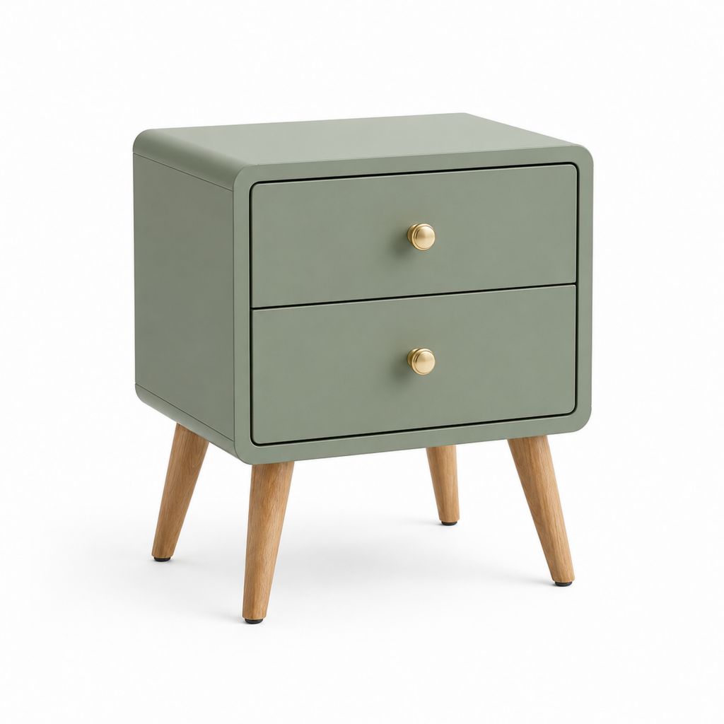 Table de nuit rectangulaire avec 2 tiroirs en MDF et pieds en bois massif, vert sauge, 50 × 40 × 60 cm
