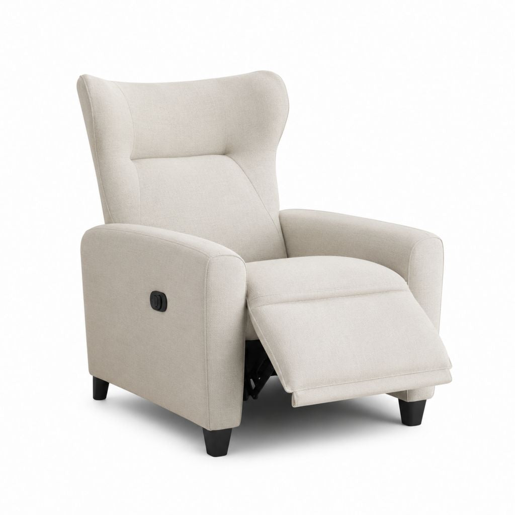 Fauteuil inclinable manuel rembourré en polyester beige clair avec dossier à ailes, 75 × 90 × 105 cm