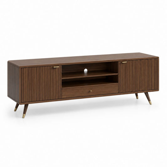 Mobile porte TV rectangulaire en bois, brun noyer et doré, avec 2 portes rainurées, 1 tiroir et 2 compartiments ouverts, 180 × 40 × 58 cm