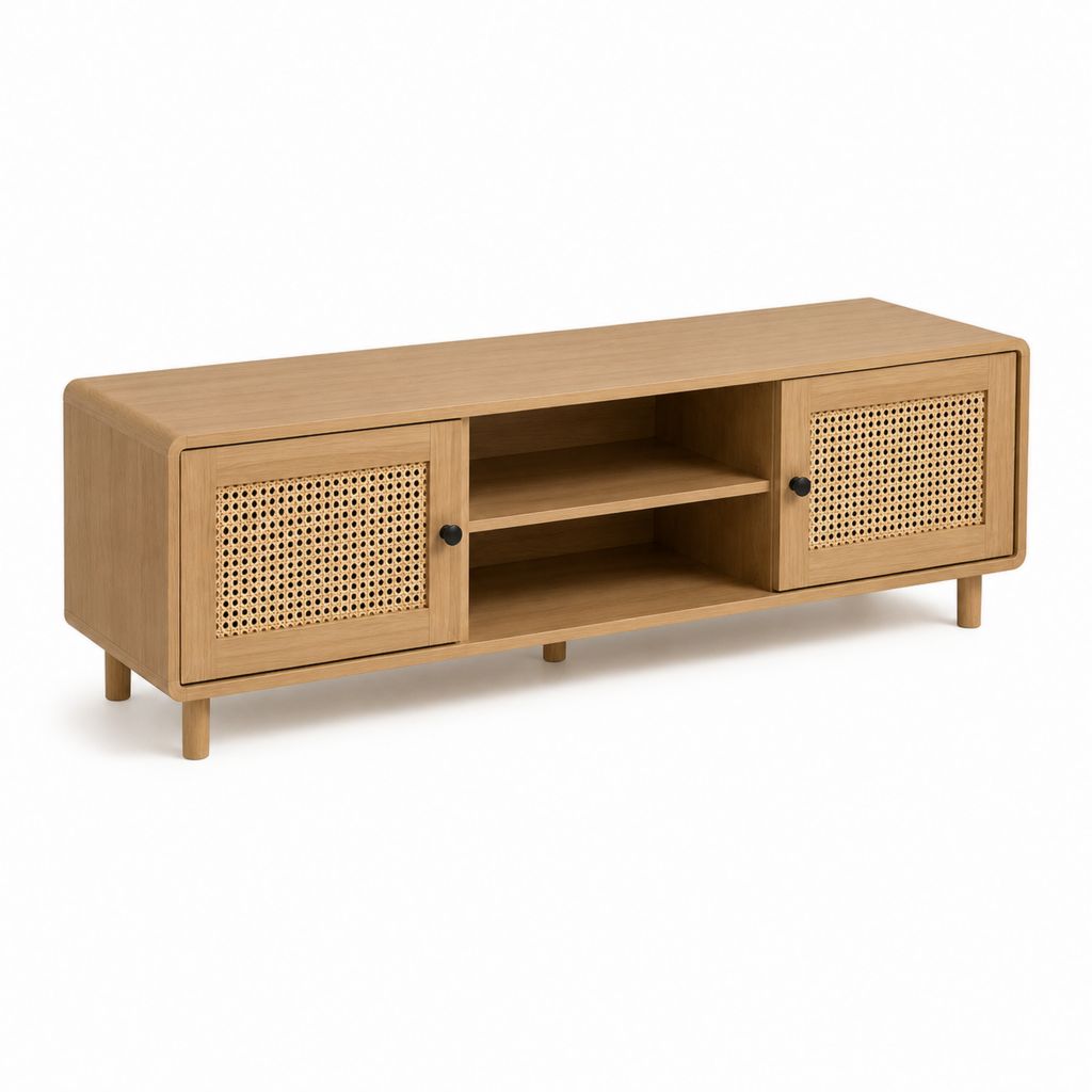 Mobile TV basse rectangulaire en MDF plaqué chêne et rotin naturel avec 2 portes et 2 pièces, 140 × 40 × 55 cm