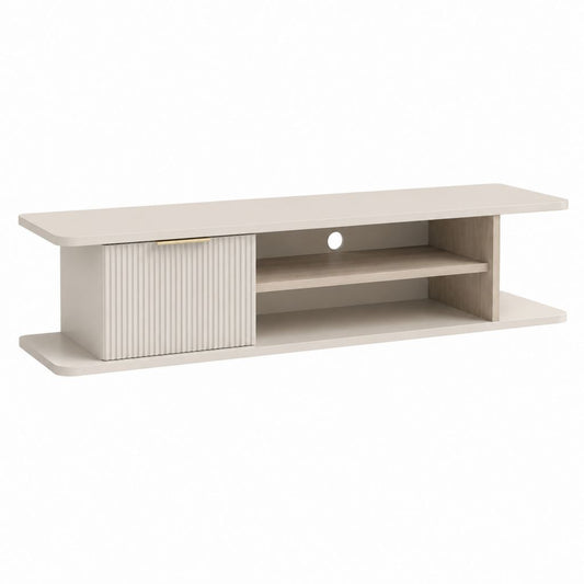 Mobile bas pour téléviseurs en panneau à outils et MDF avec porte rainurée et 2 compartiments ouverts, beige tourterelle et chêne clair, 160 × 40 × 45 cm