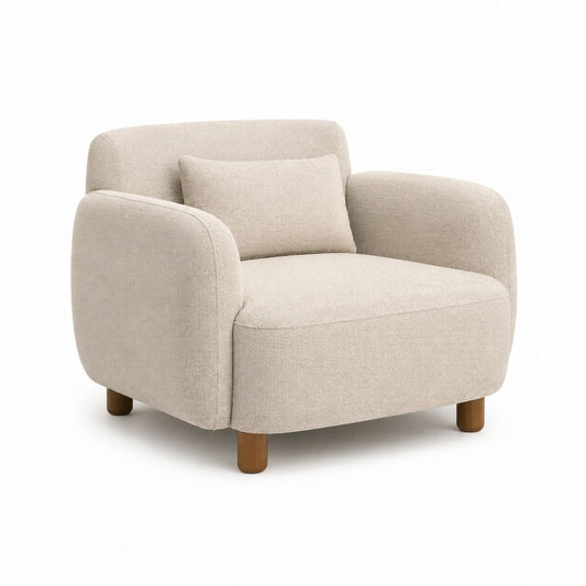 Fauteuil rembourré en tissu bouclé beige avec formes arrondies et pieds en bois, 91 × 89 × 80 cm
