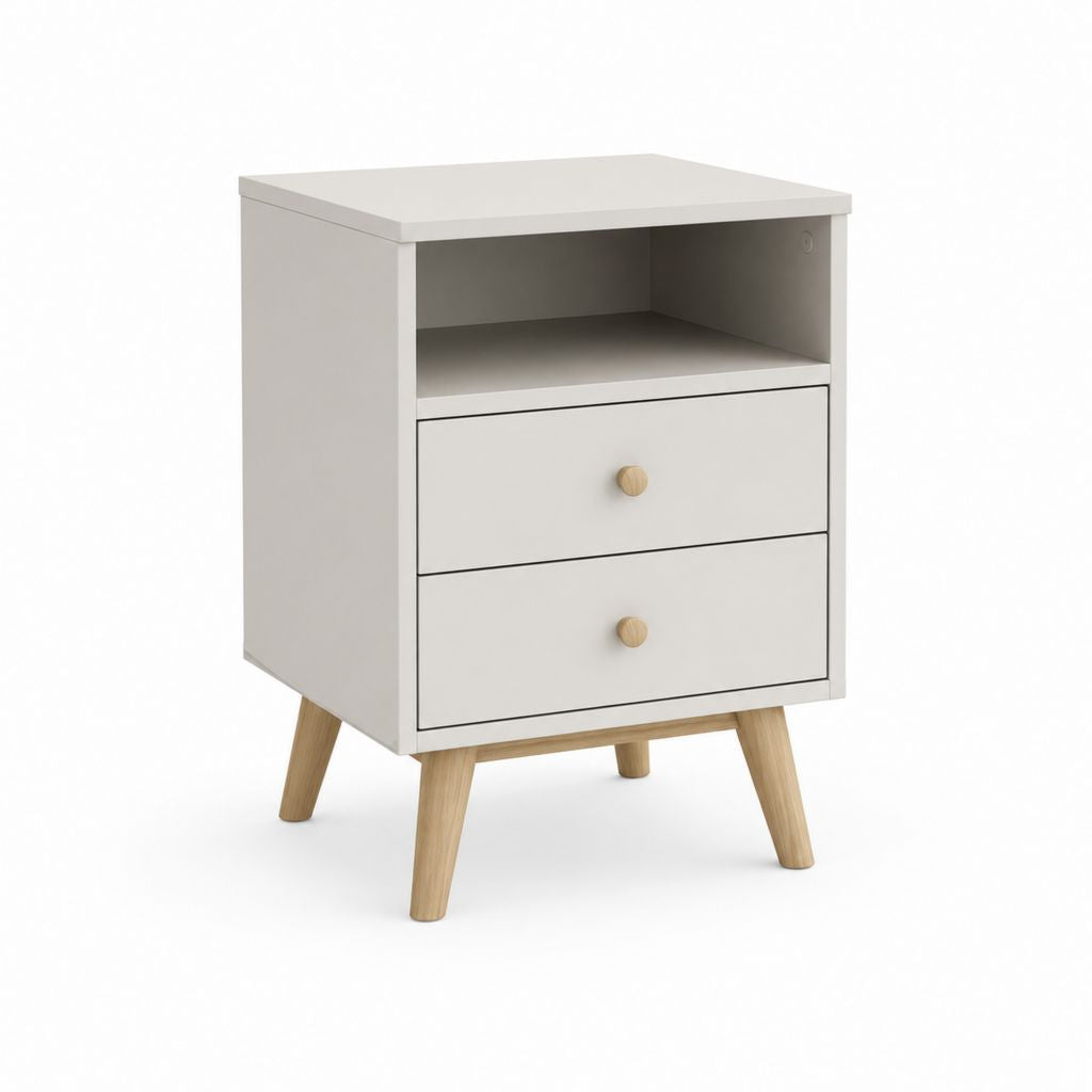 Table de nuit rectangulaire en bois avec 2 tiroirs et compartiment ouvert, blanc chaud et bois naturel, 40 × 35 × 60 cm