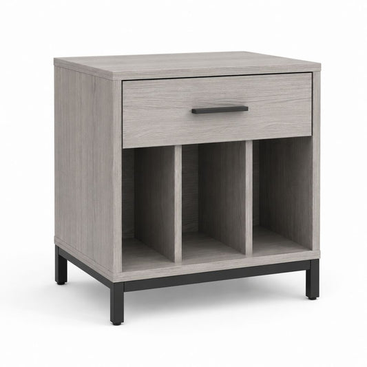 Table de nuit rectangulaire en bois et métal avec tiroir et 3 compartiments, gris chêne et noir, 50 × 40 × 60 cm