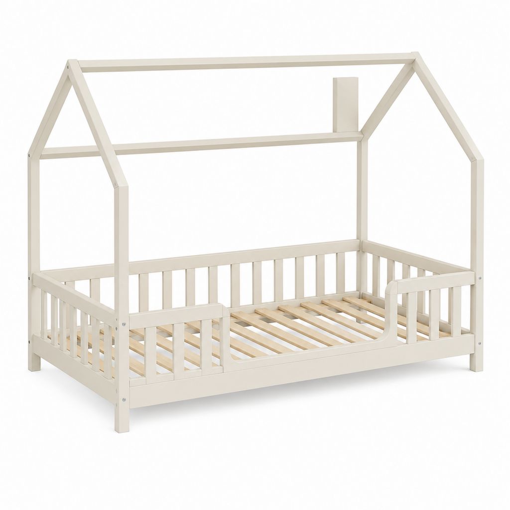Lit pour enfants en bois blanc 90 × 200 cm avec berges et filet à lattes, dimensions 208 × 98 × 180 cm