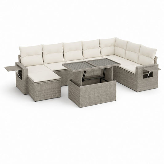 Ensemble de canapé de jardin en U à 8 places en résine tressée PE et acier avec table de rangement, gris et crème, 302 × 218 × 75 cm