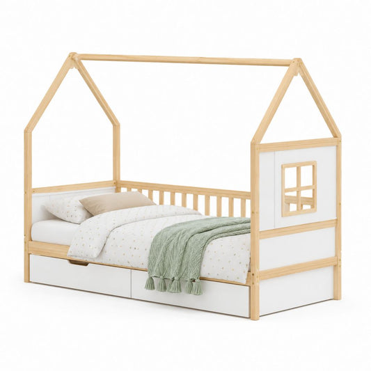 Lit à cabane pour enfants en bois et MDF naturel/blanc 90 × 200 cm avec 2 tiroirs