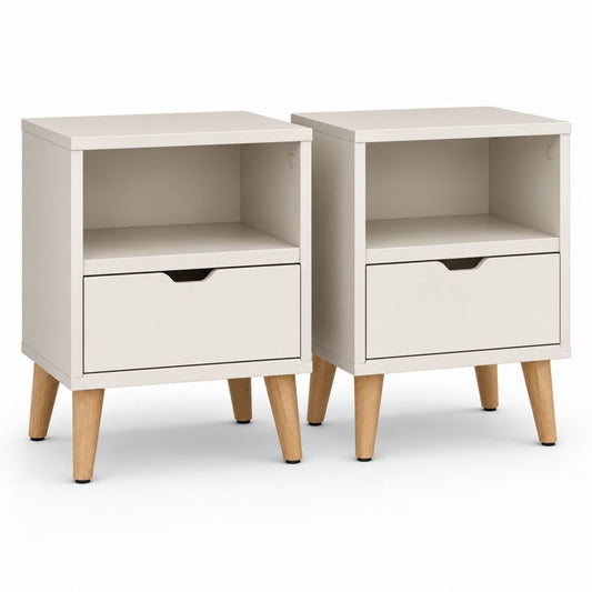 Ensemble de 2 tables rectangulaires en MDF mélaminé avec tiroir et compartiment ouvert, blanc cassé et bois naturel, 40 × 35 × 55 cm chacun