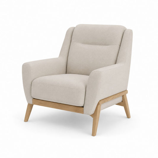 Fauteuil de détente rembourré en polyester et bois massif avec accoudoirs, beige clair, 77 × 84 × 88 cm