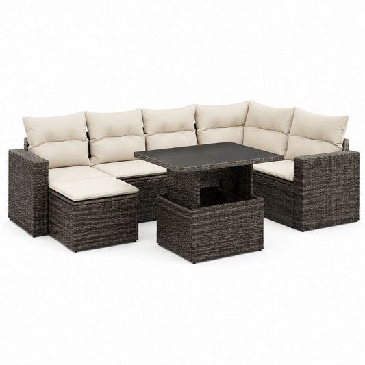 Ensemble de jardin angulaire à 8 places en résine tressée PE marron avec coussins beige, table élévable et 2 poufs, 230 × 230 × 74 cm