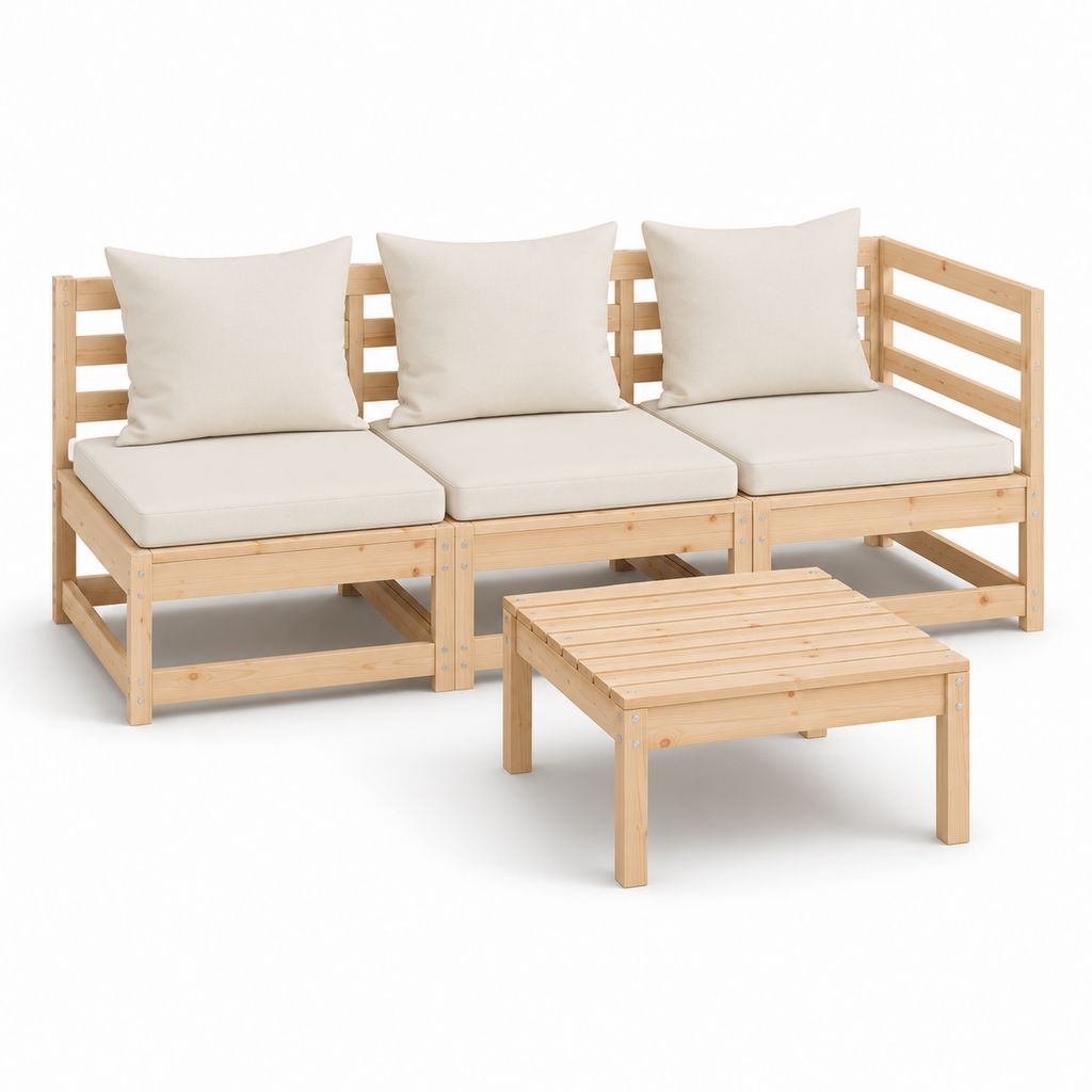 Set salon de jardin 4 pièces en bois avec coussins crème, canapé 3 places 190 × 70 × 70 cm et table basse 70 × 70 × 35 cm