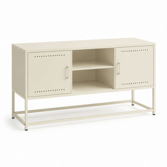 Mobile porte TV en acier beige avec 2 portes et étagère ouverte, 120 × 40 × 75 cm