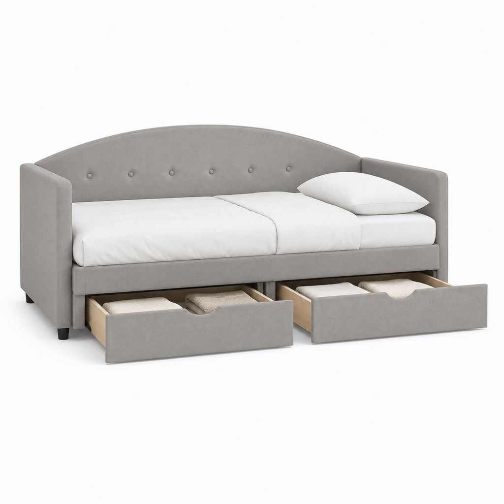 Canapé-lit individuel 90 × 200 cm en bois et tissu gris avec 2 tiroirs, 212 × 99 × 88 cm