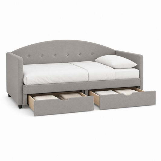 Canapé-lit individuel 90 × 200 cm en bois et tissu gris avec 2 tiroirs, 212 × 99 × 88 cm