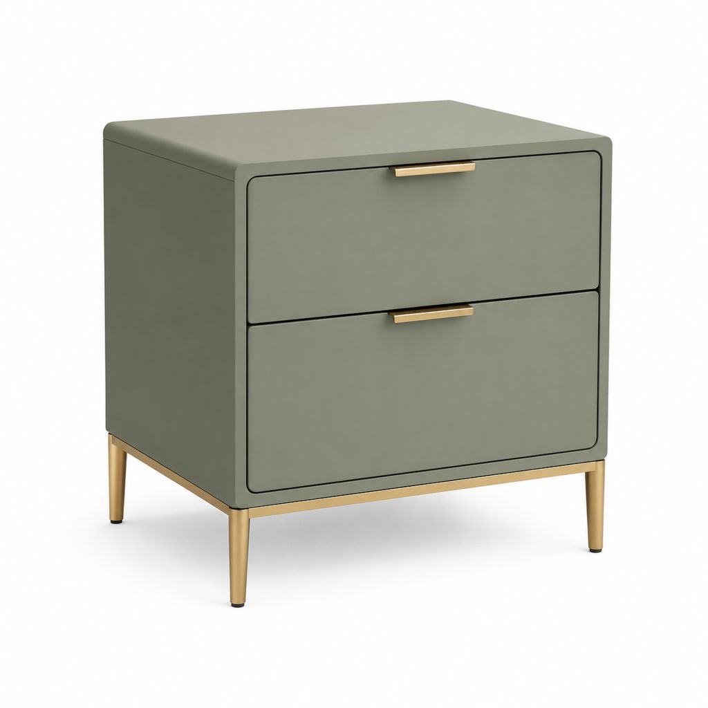 Table de nuit rectangulaire en acier avec 2 tiroirs, vert olive et or, 50 × 40 × 60 cm