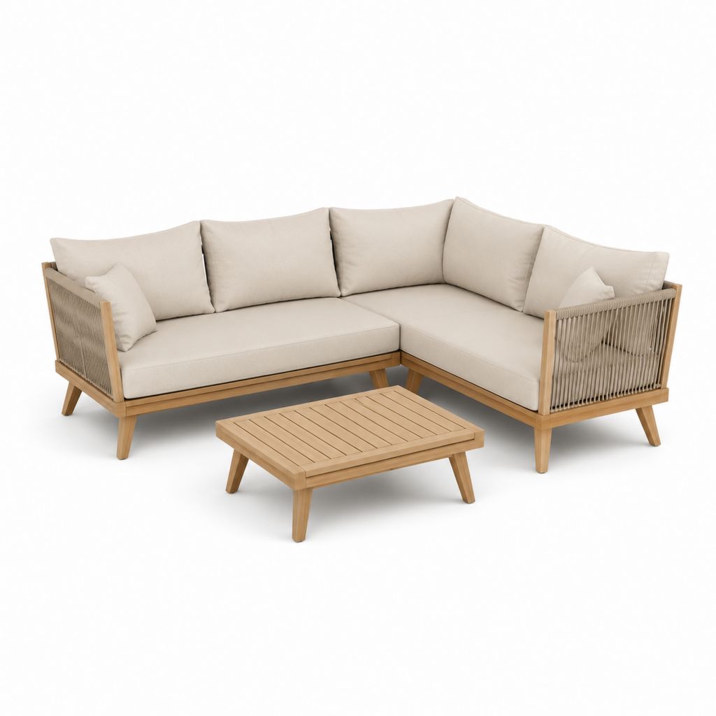 Salon d'extérieur 3 pièces beige et brun naturel avec canapé angulaire en L en bois et corde 235 × 175 × 76 cm et table basse 90 × 60 × 32 cm