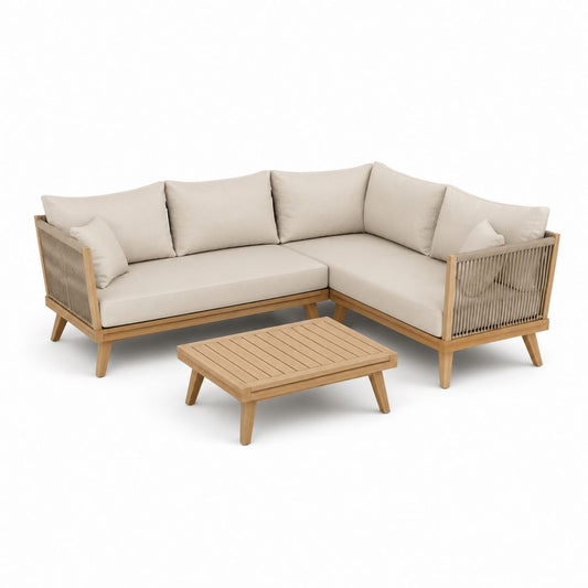 Salon d'extérieur 3 pièces beige et brun naturel avec canapé angulaire en L en bois et corde 235 × 175 × 76 cm et table basse 90 × 60 × 32 cm