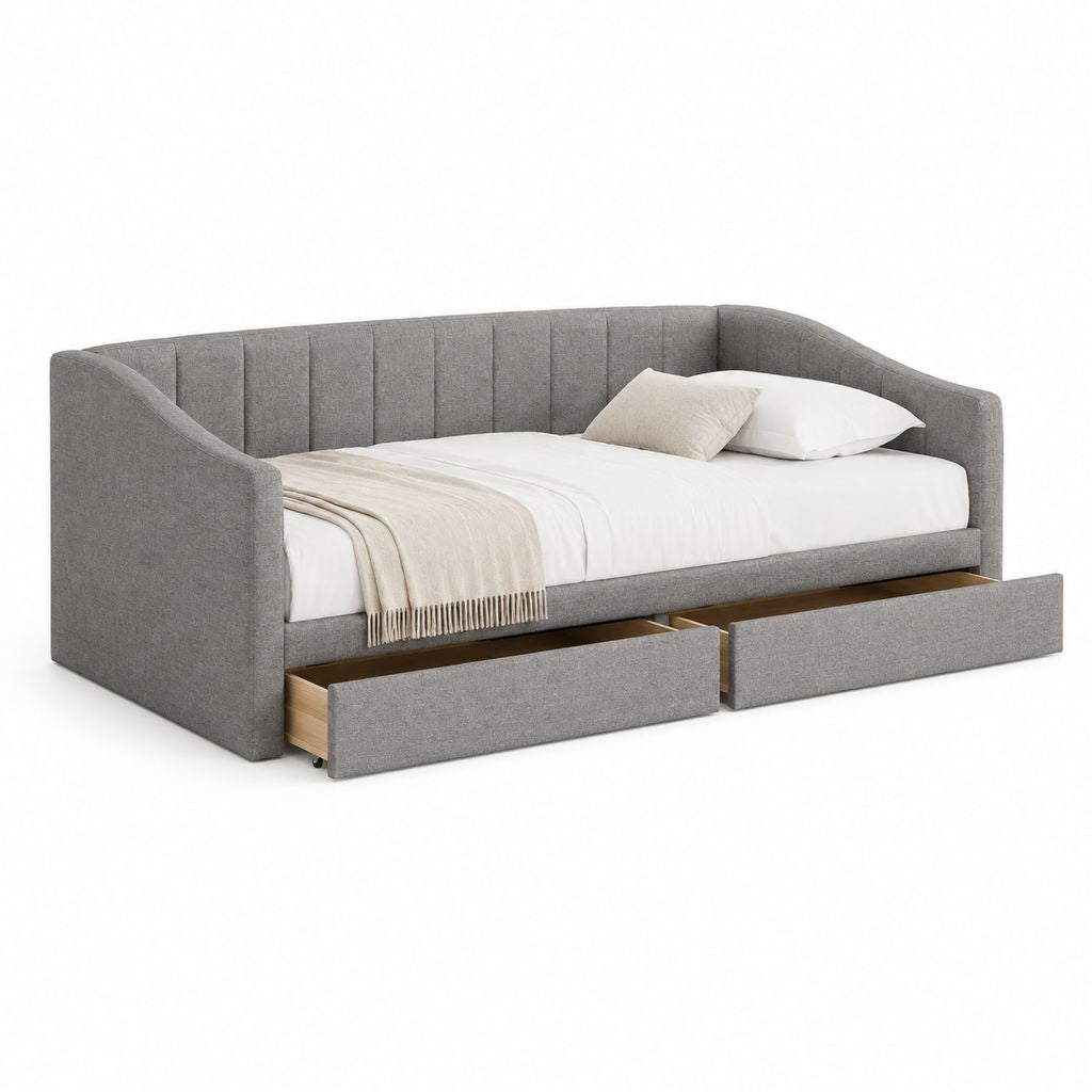 Canapé lit simple en tissu gris avec 2 tiroirs, 218 × 99 × 84 cm, pour matelas 90 × 200 cm