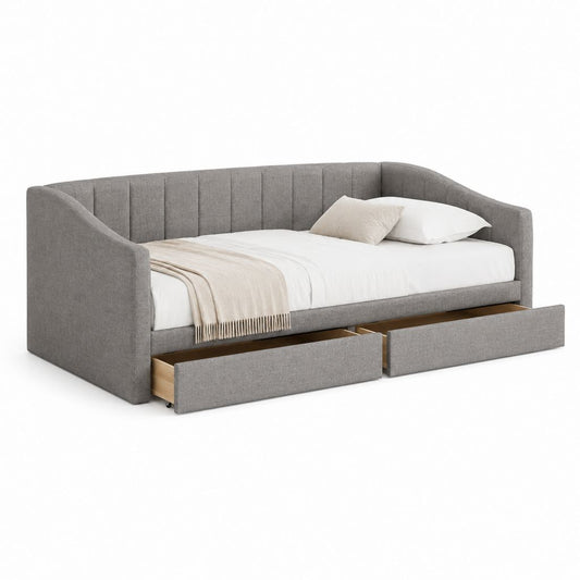 Canapé lit simple en tissu gris avec 2 tiroirs, 218 × 99 × 84 cm, pour matelas 90 × 200 cm