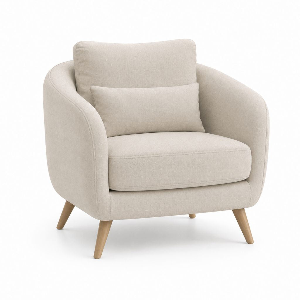 Fauteuil rembourré beige en tissu avec pieds en bois, 86 × 84 × 85 cm