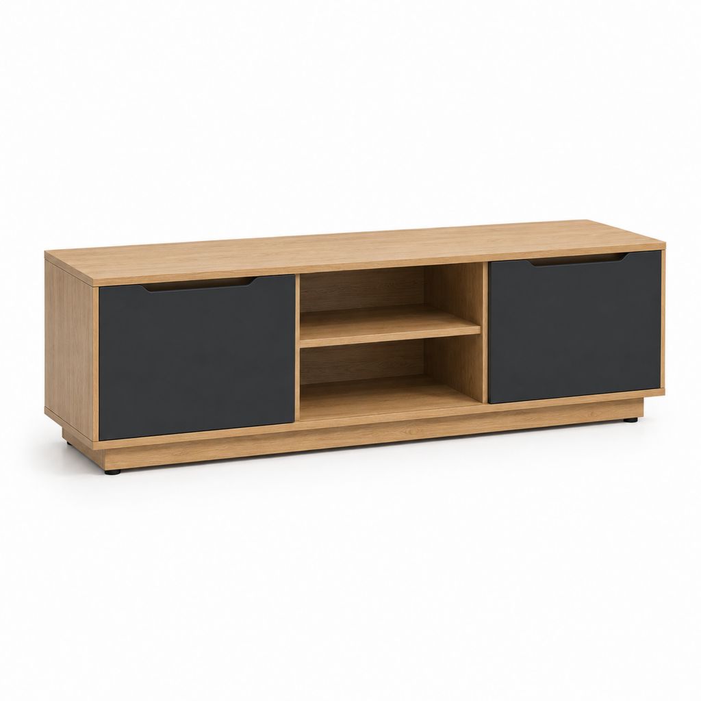 Mobile TV basse rectangulaire en panneau truciolaire mélaminé effet chêne avec 2 portes noires et 2 compartiments ouverts, 140 × 40 × 50 cm