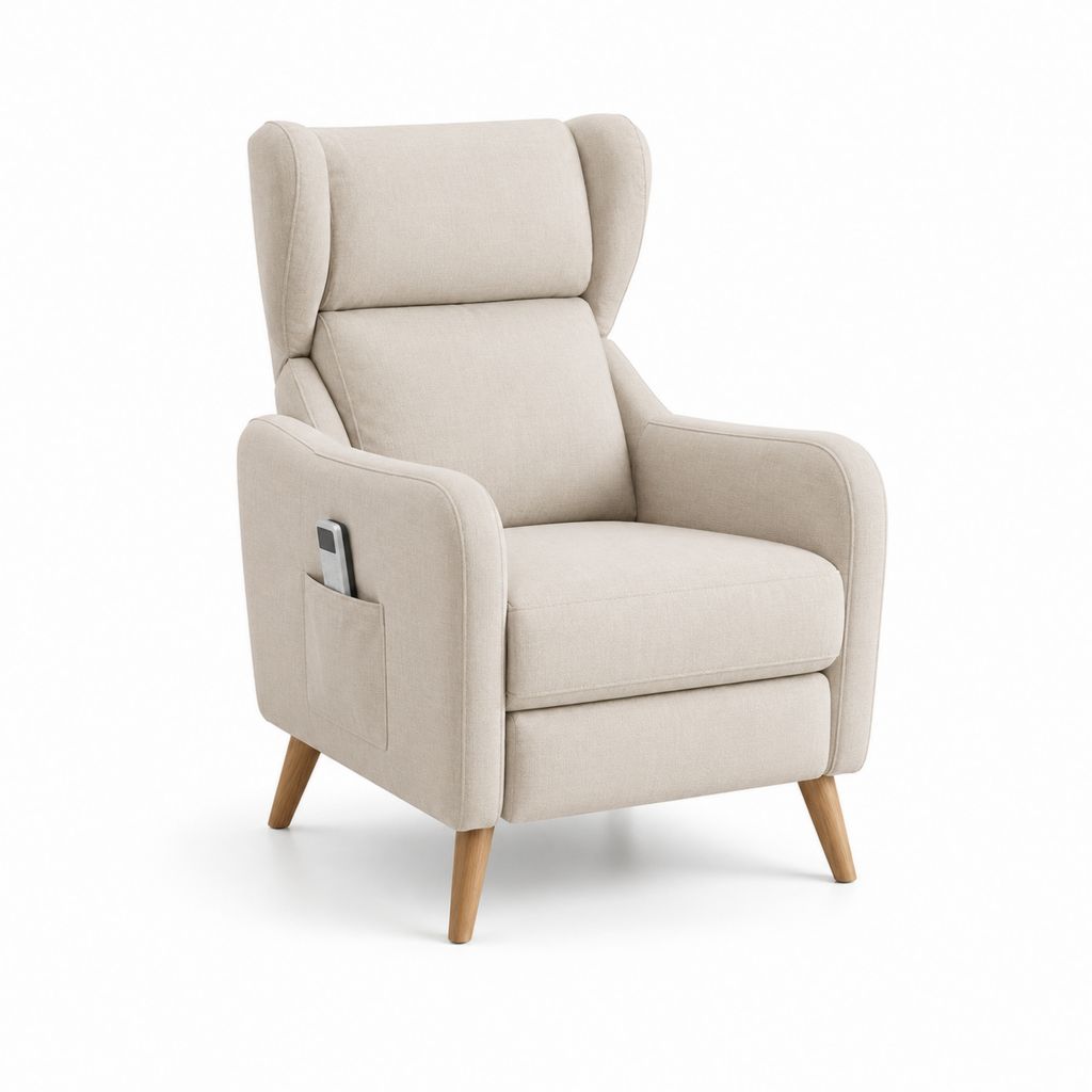 Fauteuil inclinable électrique en polyester beige avec dossier ailé, 76 × 84 × 108 cm