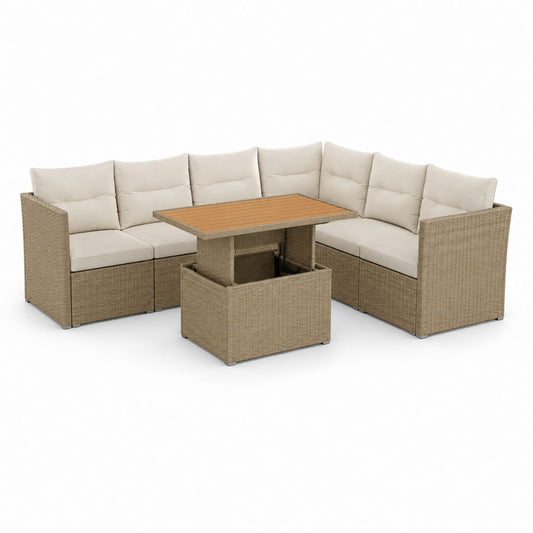 Set de jardin 7 places en résine tressée PE tourterelle et beige avec canapé angulaire 235 × 235 × 74 cm et table élévable 120 × 70 × 48-68 cm