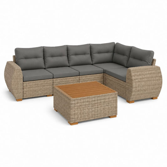 Ensemble de jardin angulaire 5 places beige tourterelle et gris foncé en résine tressée PE et bois, 260 × 200 × 85 cm, avec table basse 80 × 80 × 40 cm
