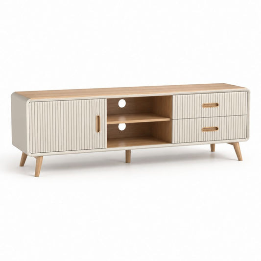 Meuble TV bas rectangulaire en MDF et bois, ivoire et chêne naturel, 160 × 40 × 60 cm