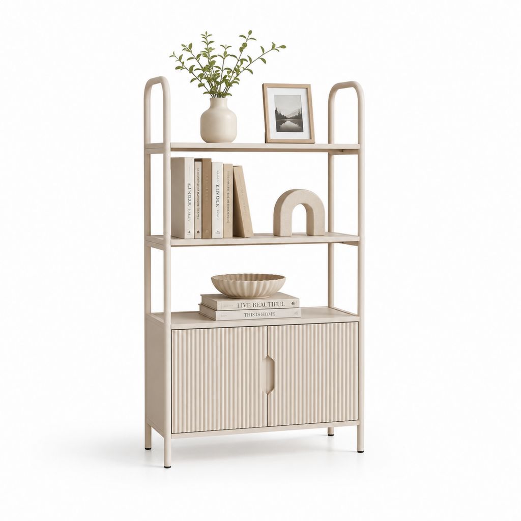 Bibliothèque au sol en acier beige avec 3 étagères et mobile à 2 portes, 80 × 35 × 160 cm
