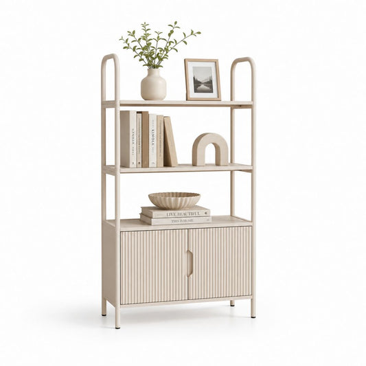 Bibliothèque au sol en acier beige avec 3 étagères et mobile à 2 portes, 80 × 35 × 160 cm