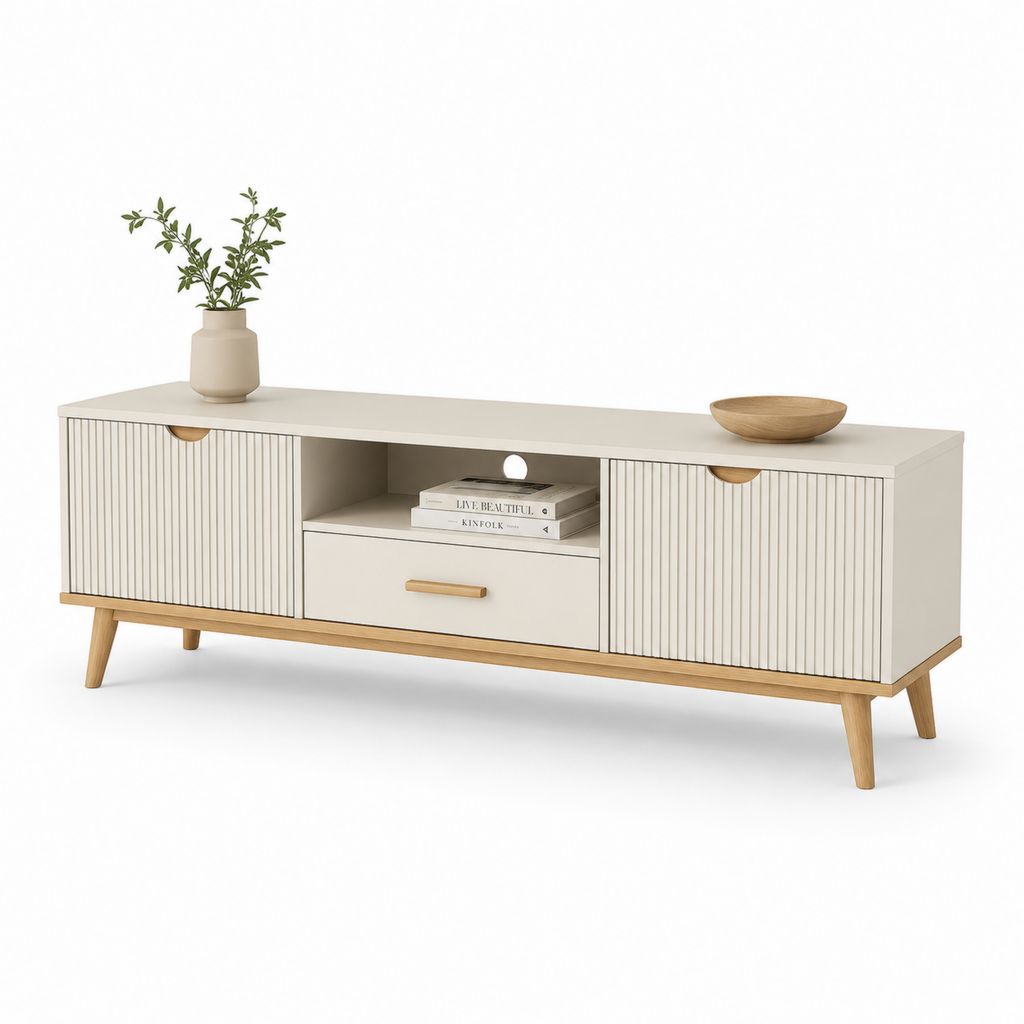 Mobile TV basse en bois avec 2 portes, compartiment ouvert et tiroir, beige et chêne naturel, 150 × 40 × 60 cm