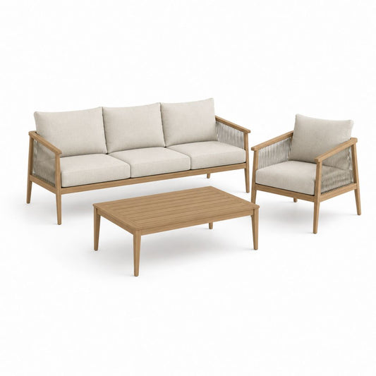 Salon d'extérieur 3 pièces en bois massif d'acacia avec coussins beige, canapé 184 × 76 × 78 cm, fauteuil 72 × 76 × 78 cm et table basse 100 × 60 × 40 cm