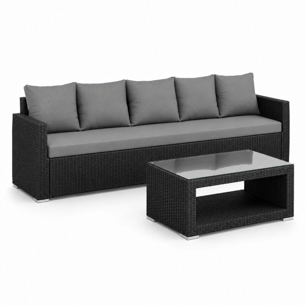 Set de jardin 2 pièces avec canapé 4 places et table basse rectangulaire en résine tressée PE noir, coussins gris, 235 × 75 × 64 cm et 100 × 50 × 40 cm